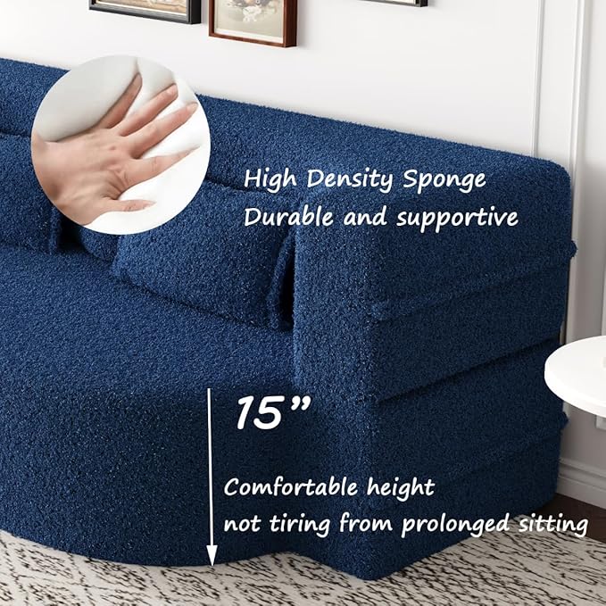 Convertible Sofa Bed Full Size｜78 Sleeper Couch with 2 Pillows｜Boucle Fabric Folding Sofa Bed｜High-Density Foam｜No Assembly｜Space-Saving｜for Living Room Guest Room｜Blue