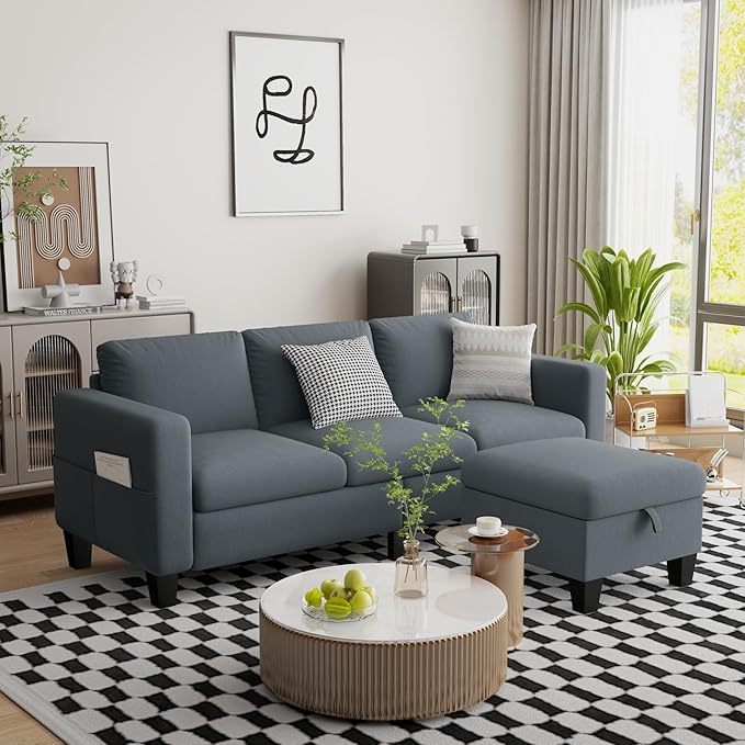 Sectional Sofa Couches for Living Room - 78''Convertible Modular Three-Seater L-Shaped Pet-Friendly CouchWashable Sofa Cover-Bench Storage Suitable for Small Living Room ApartmentOffice-Blue-Gray