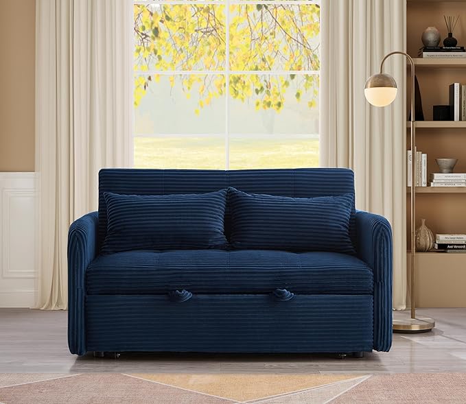 55.5 Corduroy Convertible Sofa Bed Pull Out Sleeper Sofa Bed Loveseat Couch with USB Charging Ports 3 in 1 Convertible Sleeper Sofa Bed for Living Room Apartment Bedroom RV Blue