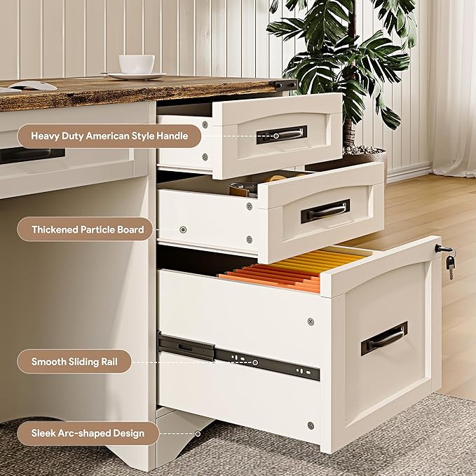 Farmhouse Executive Desk with Drawers 55 Home Office Desks with Fast Charging Station Lockable File Cabinet Wood Writing Computer Desk for Work Study White