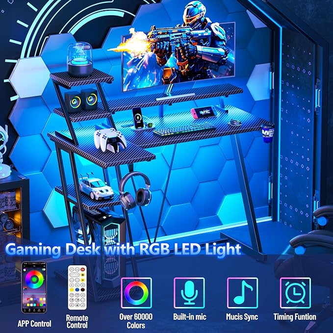 39 Inch Gaming Desk with LED Lights &amp Power Outlet Small Gaming Computer Desk with Storage Shelves L Shaped Gamer Workstations with Monitor Stand for Bedroom Carbon Fiber Black