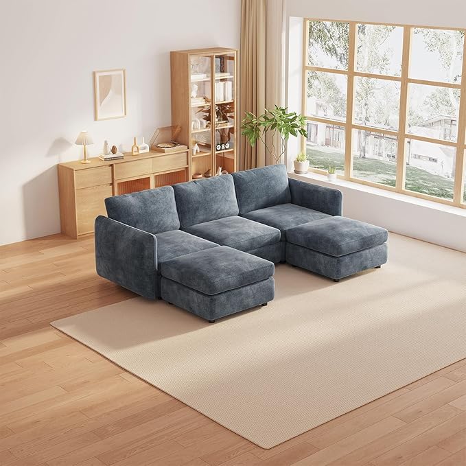 92.51 U Shaped Couch 5-Seater Modular Sectional Sofa with Chaise Comfy Cloud Couch with 2 Storage Ottomans Upholstered Sectional Sofa with Deep Seat for Living Room Apartments Blue