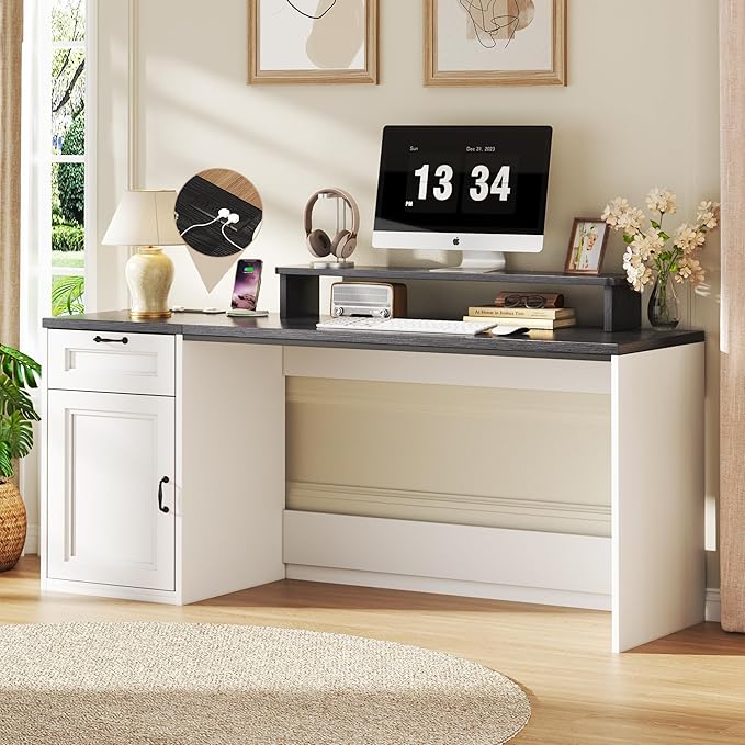 63 Farmhouse Executive Desk with Drawers Modern Computer Desk with Power Outlets Office Writing Desk with Monitor Stand &amp Storage Cabinet Printer Shelf Antique White