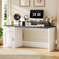 63 Farmhouse Executive Desk with Drawers Modern Computer Desk with Power Outlets Office Writing Desk with Monitor Stand &amp Storage Cabinet Printer Shelf Antique White