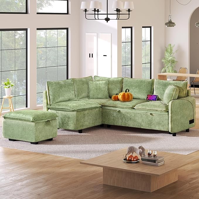 82.67 Convertible Sofa Bed Sectional Sofa Sleeper Chenille L-Shaped Sofa with Movable Storage Ottoman and 2 Pillows Pull-Out Sofa Bed Corner Couch for Living Room Office Apartment (Green-CV)