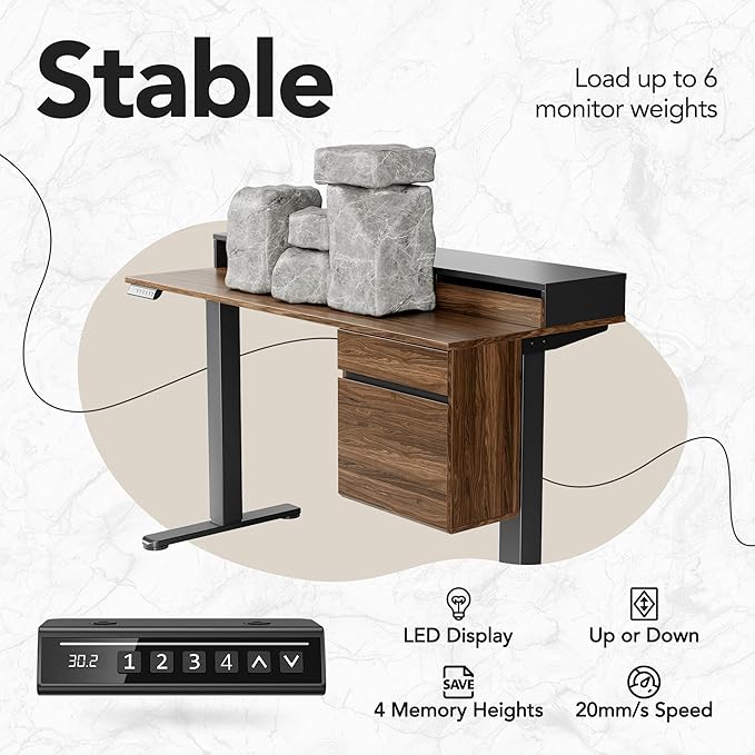 HUANUO Standing Desk with Drawers and File Cabinet 47 Inch Electric Height Adjustable Desk with Storage Ergonomic Stand Up Table Compatible with Monitor Stand Black Walnut