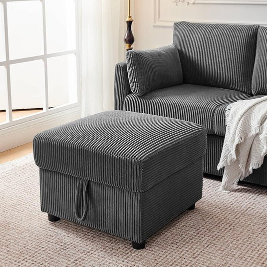 Corduroy Storage Ottoman for Living Room Sofas Couches Square Ottoman with Storage Space Foot Rest Stool for Apartment Dorm Entryway Grey