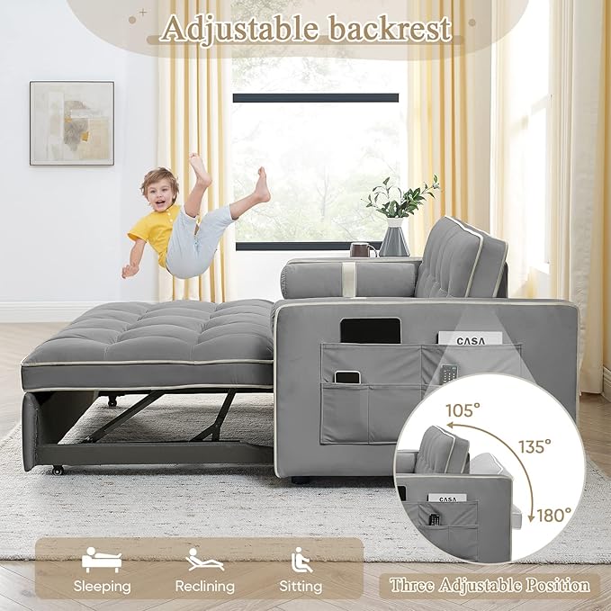 3 in 1 Sleeper Sofa Couch Bed Small Tufted Velvet Convertible Loveseat Futon Sofa w/Pullout Bed Adjustable Backrest Cylinder Pillows for Living Room Apartment Easy to Assemble Grey 55.5