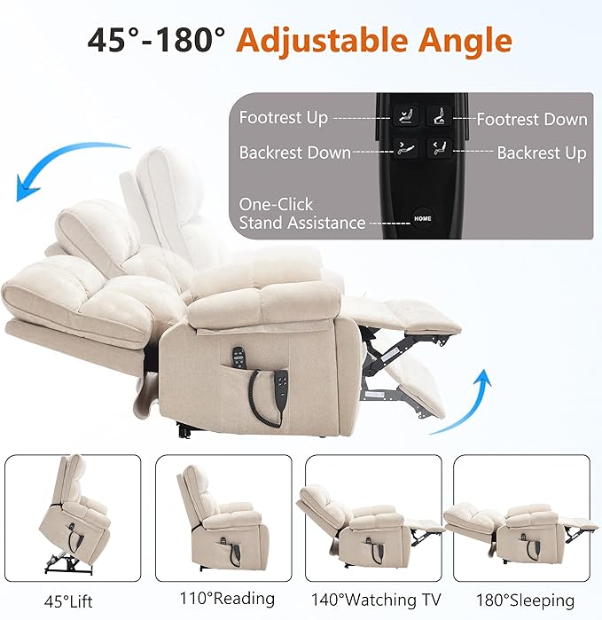 Oversized Power Lift Recliner Chair for Elderly Dual Motor Lift Chair with Vibration Massage &amp Lumbar Heating Standing Assistance Recliner with Cup Holders for Living Room - Chenille Fabric Bei