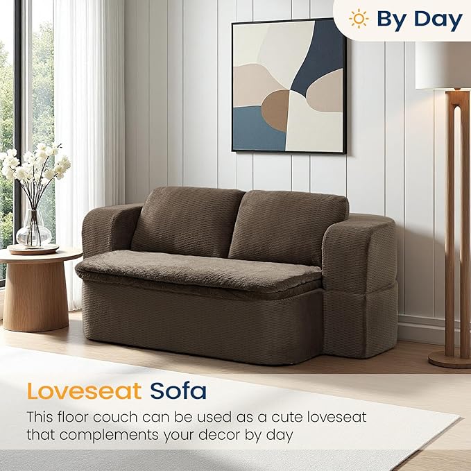 74.8 Inch Convertible Sleeper Sofa Bed Compressed Loveseat Sofa Folding Floor Mattress with Pillows and Blanket Small Couches for Living Room Bedroom Lounge No Assembly Required (Dark Brown)