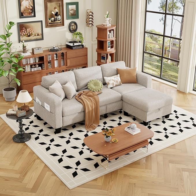 ZeeFu Sectional and Sofa Couches for Living Room - 78'' 3 Seater L-Shaped Modular Couch with Storage Ottoman - Modern Velevt Fabric Upholstered Sofa Set for Small Space Apartment Office (Mocha Brown)