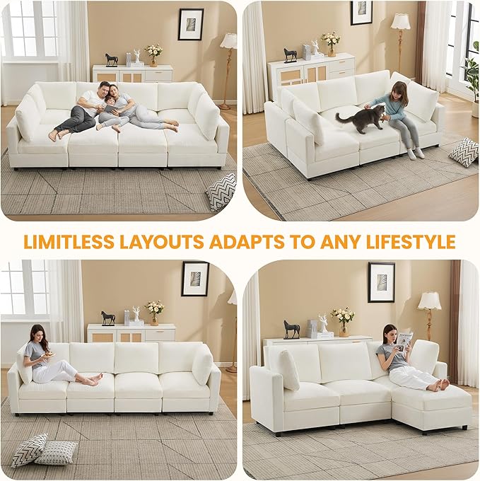 116'' 4-Seater Modular Sectional Cloud Sofa Straight-Line Couches for Living Room Modern Upholstered Deep Seat Sofa Chenille Beige