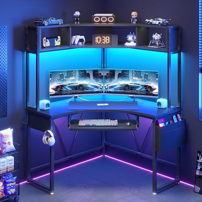 SEDETA Corner Desk Small Computer Desk with Hutch &amp LED Lights Triangle Corner Gaming Computer Desk with Keyboard Tray Storage Bag and Headphone Hook for Small Space Home Office Desk Black