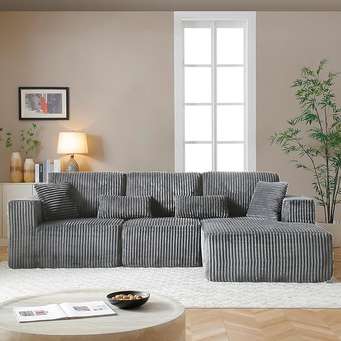 108 Boneless Cloud Sectional Couches for Living Room Comfy Fluffy L Shaped Memory Foam Deep Seat Boneless Couch Modular Sectional Sofa with Right Facing Chaise Dark Grey