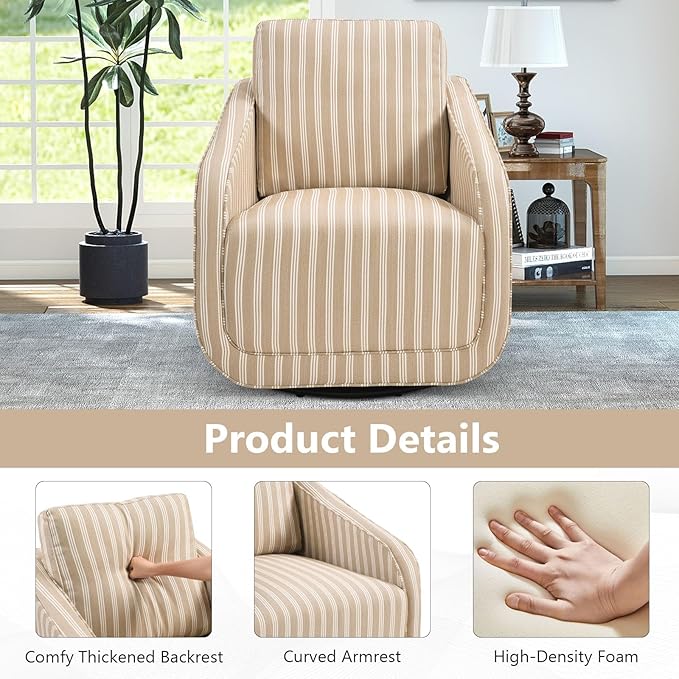 CANMOV Swivel Accent Chair Square Chair Suitable for Use in Living Room Bedroom Small Spaces and can Swivel Smoothly. Swivel Barrel Reading Chair with Thick Padded Backrest Cushion Brown Stripe