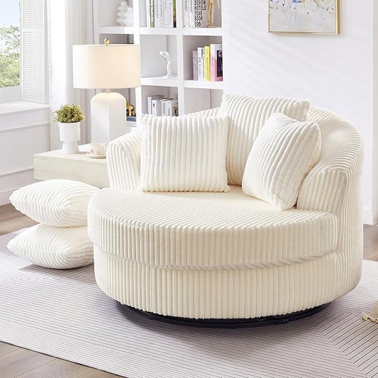 360° Swivel Accent Barrel Chair Corduroy Comfy Round Swivel Chair with Mental Base &amp Pillows Modern Lounge Reading Armchair Upholstered Plush Sofa Chairs for Living Room Bedroom Apartment(Bei