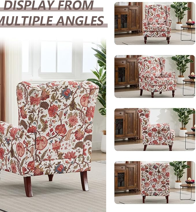 Anwick Modern Floral Accent Chair Upholstered Armchair Wingback Chair with Wooden Legs Single Sofa Reading Chair Accent Chairs for Living Room Bedroom Office (Red)