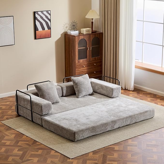 Folding Sofa Bed Convertible Sleeper Sofa Chenille Floor Couch with Pillows Fold Out Couch King Size Bed Futon  Foldable Memory Foam Mattress for Living Room Bedroom Playroom (Light Grey)
