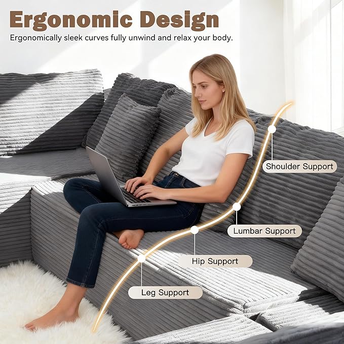 HOMREST 136 U Shaped Sectional Couch for Living Room Cloud Modular Sectional Boneless Sofa with Memory Foam Convertible Couches with Deep Seat No Assembly Required 8 Seats Special Grey