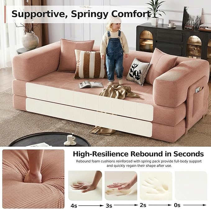 78.8’’ Boneless Sleeper Sofa BedConvertible Futon Couch with Storage Pocket and 2 PillowsModular Corduroy Sofa for livingroomSmall speacePink