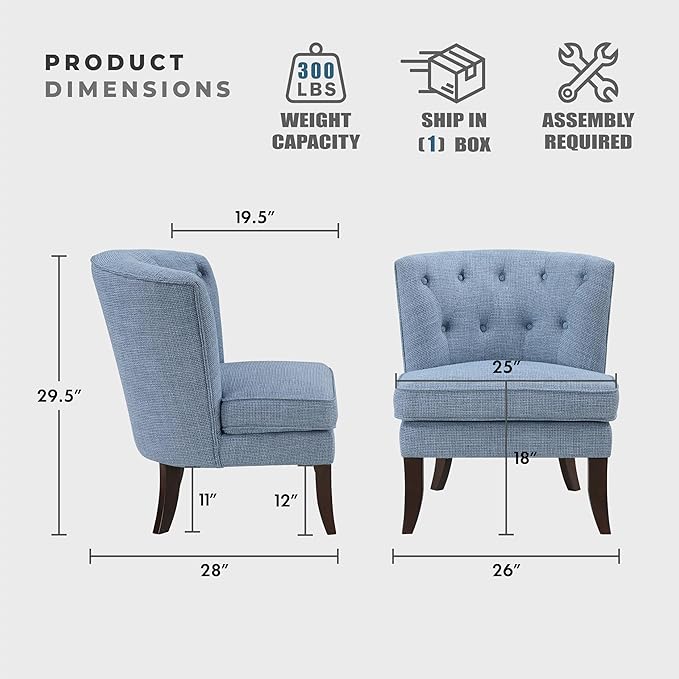 Lexicon Accent Chair Textured Fabric Upholstered Armless Chair with Solid Wood Legs Button Tufted Curved Back for Living Room/Bedroom/Office/Waiting Area Blue