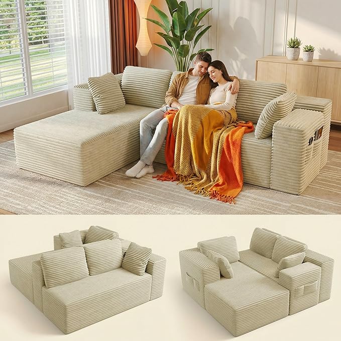 Gizoon 105 Cloud Sectional Couch with L-Shape Chaise Modular Boneless Sofa for Living Room Upholstered Corduroy Couch with Deep Seat No Assembly Required (Beige Left Facing Chaise)