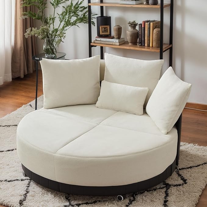 Anwick 52'' Oversized Round Swivel Chair360° Swivel Chair with Adjustable Phone Holder and 4 Pillows Upholstered Couples Chair with Rotating Pulley for Living Room Bedroom Lounge Hotel (Beige)