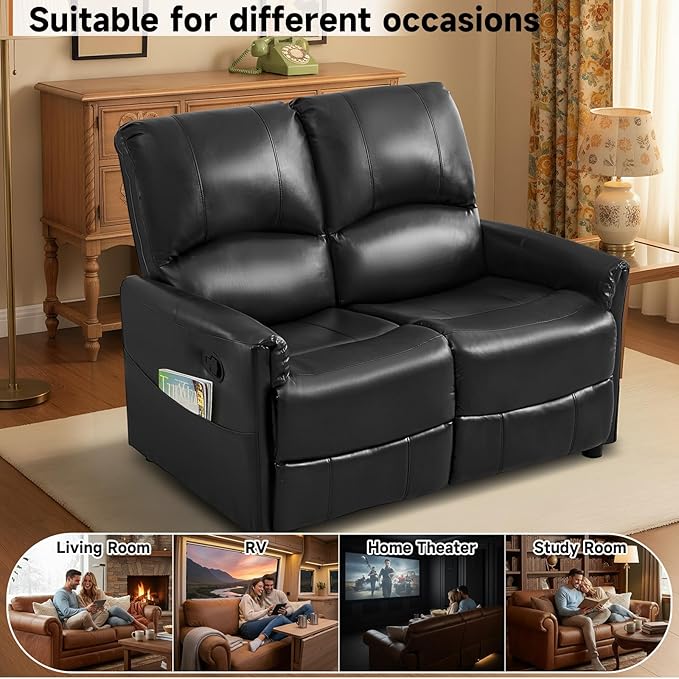 Manual Reclining Loveseat Sofa 2-Seater Recliner Couch with Overstuffed Backrest PU Leather Upholstered Double Recliner for Living Room RV Small Spaces Black