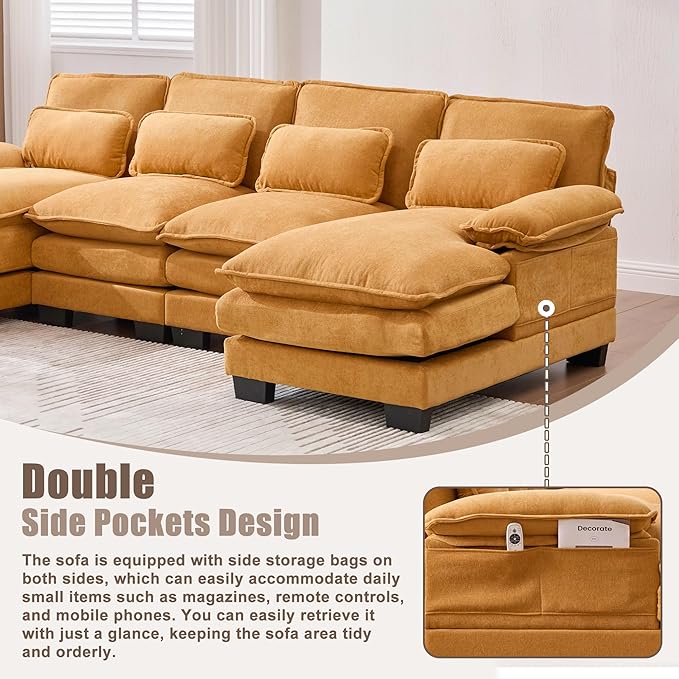 KEIKI 108 U-Shaped Chenille Modular Sectional Chenille Sofa with 2 Movable Ottoman &amp Pillows &amp 2 Side Pocket Oversized 4-Seater Couch with Memory Foam Cushion Easy Assembly for Living Room