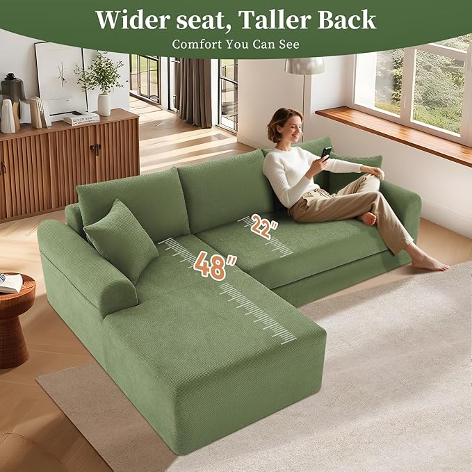 KBQ Modular Sectional Couch in a Box 103 L Shaped Boneless Cloud Couch with Deep Seat Convertible Sofa Bed for Living Room Bedroom Apartments No Assembly Required Green Left Facing Chaise