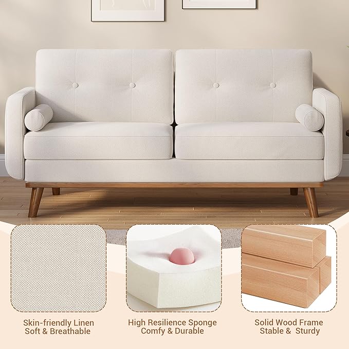 GarveeHome 65 in Loveseat Sofa Mid Century Modern Couch Comfy Love Seat Couches for Living Room 2 Seater Deep Seat Couch Linen Upholstered Couches for Bedroom Office Small Space Beige