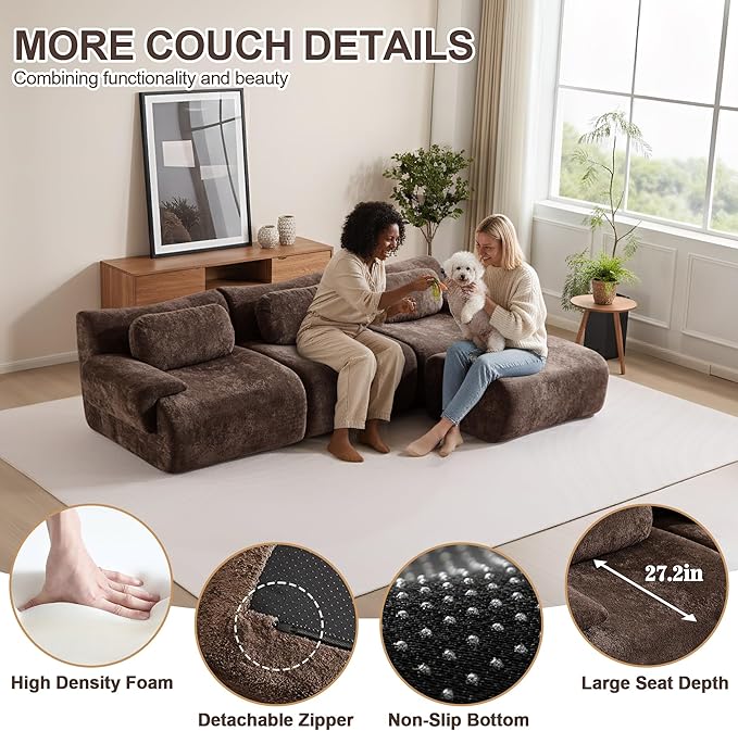 Multiple Modular Boneless Couches for Living Room Cloud Sectional Sofa with Comfy Deep Seat Oversized L-Shaped Convertible Couch with Ottoman for Bedroom Apartment 4 Modules Combined Chocolate