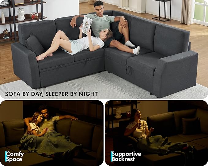 VanAcc Sofa Bed 85 Inch Sleeper Couch with Storage Seat L Shaped Sofa with Pull Out Sofa Bed Sectional Couches for Living Room Apartment Grey Linen Couch Sofa