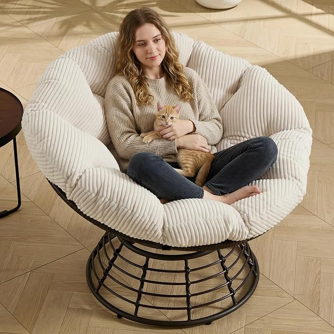 36” Papasan Chair with Cushion and Frame Oversized Papasan Chairs 360° Swivel Olefin Adjustable Feet Suitable for Living Room Patio Bedroom Indoor/Outdoor (White)