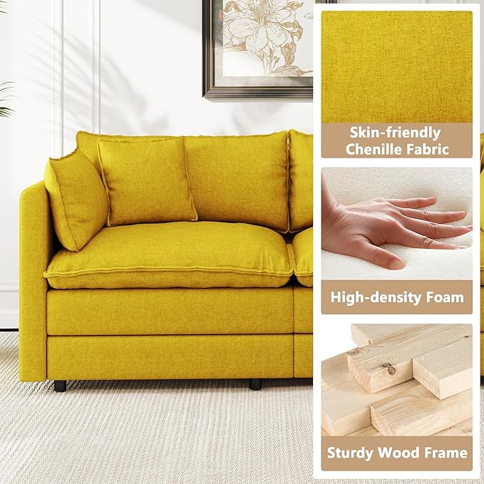 Aoowow Modular Sectional Sofa Modern Convertible L Shaped Couch111.5 Inch Deep 3-Seater Sofas Set Comfy Chenille Cloud Sofas and Couches with Movable Ottoman for Living Room Apartment（Yellow）