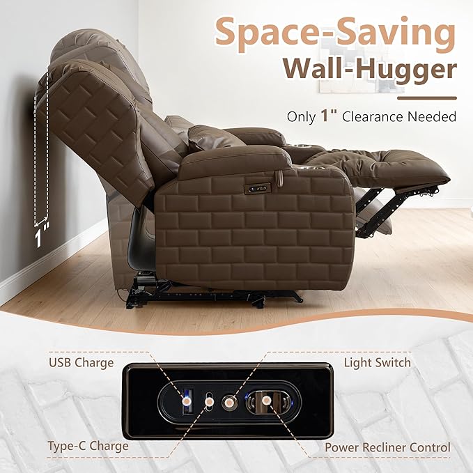 Wall Hugger Power Recliner Chair with Heat and Massage Overstuffed Reclining Sofa Chair for Living Room Home Theater RV with 3-Side LED Lights/Cup Holders/USB &amp Type C Port (Coffee)