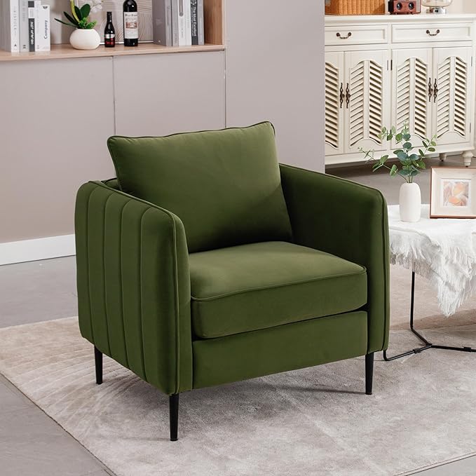Mid-Century Modern Velvet Accent Chair - Plush Upholstered Armchair with Metal Legs 300lb Capacity Comfy Reading Chair for Living Room Bedroom or Office (Green)