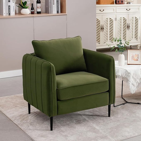 KEIKI Cloud Chair for Living Room Velvet Single Sofa Chair with 1 Pillow Comfy Accent Chair for Bedroom Office and Reading Metal Legs Soft Modern Design Green