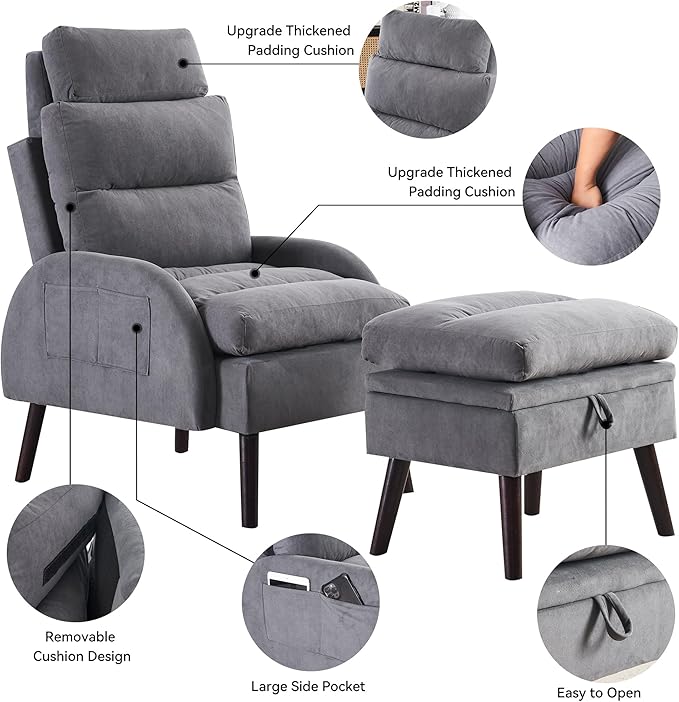Accent Chair with Ottoman Comfy Reading Chair and Ottoman Set Modern Oversized Velvet Lounge Armchair with Adjustable Backrest for Living Room Bedroom Velvet Dark Grey