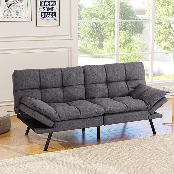 Opoiar Futon Sofa Bed Modern Memory Foam Sleeper Sofa Convertible Grey Couch Adjustable Armrest&ampBackrest Leather Futon for Living SpaceApartmentOffice Sofabed