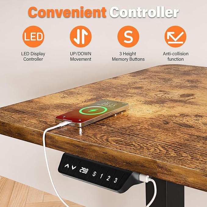 Kingant L-Shaped Standing Desk 63 x 55 Inch Large Adjustable Corner Desk with Charging Station Electric Sit Stand Up Computer Desk for Home Office(Rustic Brown)