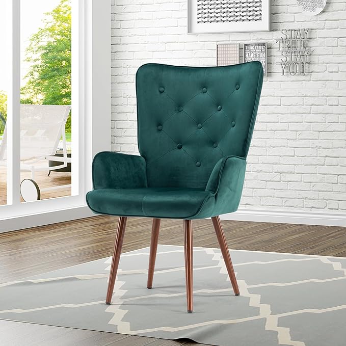 UNICOO - High Wingback Living Room Chairs Vintage Button Wingback Chair Velvet Side Chair Leisure Chair Wingback Reading Chair for Living Room Bedroom Waiting Room (Dark Green)
