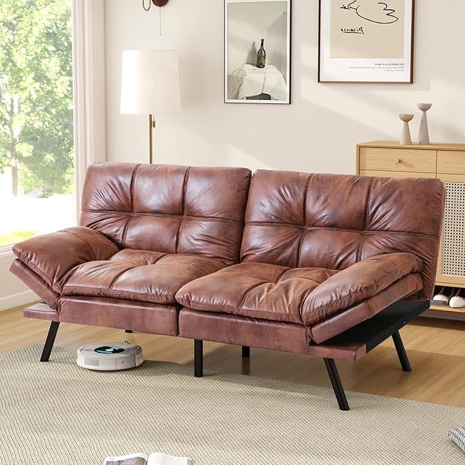 Opoiar Faux Leather Sleeper SofaMemory Foam Futon Sofa BedFoldable Couch SleeperCompact Sofa Padded with Metal Legs Modern Convertible Loveseat Sofa for Living RoomApartmentStudioBrown