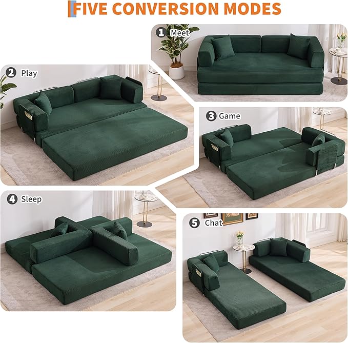 Convertible Sleeper Sofa Bed 78.8 Floor Sofa Bed 5-in-1 Folding Mattress Couch Loveseat with Fixed-Shape Frame Pillow Corduroy Fabric for Living Room Bedroom Lounge Dark Green