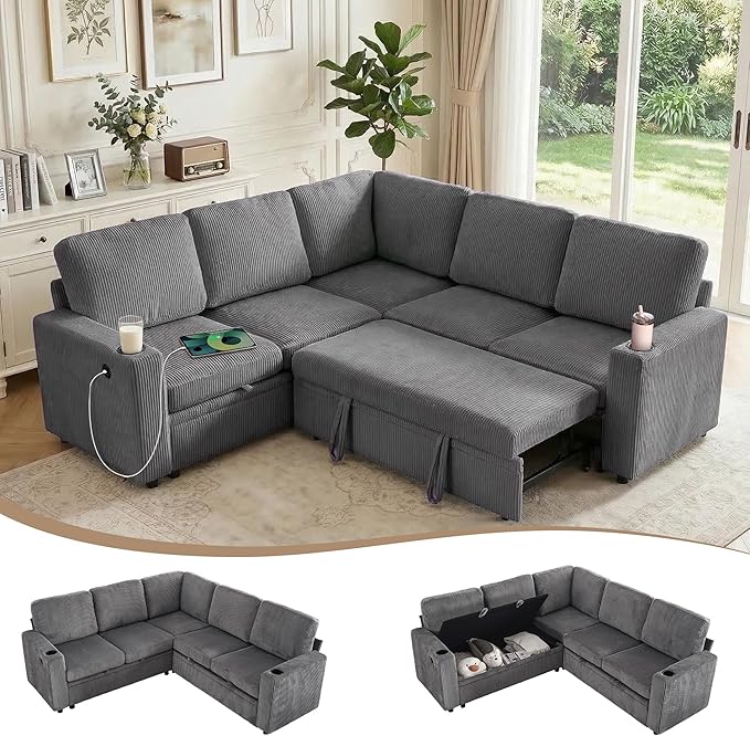 Sectional Sleeper Sofa with Pull Out Bed Plush Corduroy L Shaped Corner Couch with Storage USB Ports Cup Holders Comfy Sectional Couches for Living Room Grey | Modular Couch for Apartment Tool