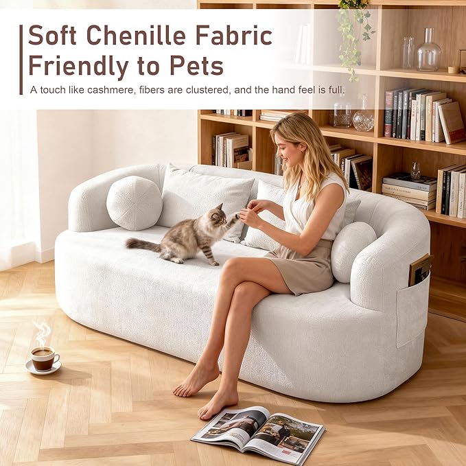 Loveseat Sofa 67.3 Boneless Curved Sofa Filling with Foam and Spring Chenille Small Love Seat for Small Spaces 4 Pillows and Side Pocket Living Room Apartment Bedroom No Assembly