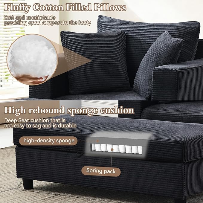 Chaise Lounge Chair IndoorOversized Corduroy Upholstered Sofa Bed with Removable Storage Ottoman Small Cloud Sofas for Living Room Comfy Deep Seat Sleeper Couch Reading Chairs - (Black)
