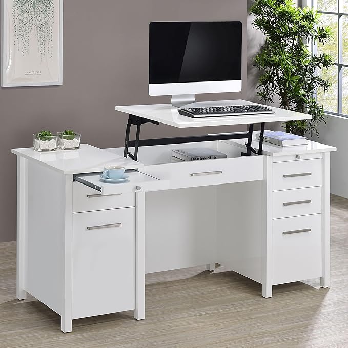 Coaster Home Furnishings - Dylan - Engineered Wood - 60-Inch Lift-Top Office Desk Includes 4 Drawers with Full-Extension Glide and 2 Pull-Out Trays - Home Office - White High Gloss - 801573
