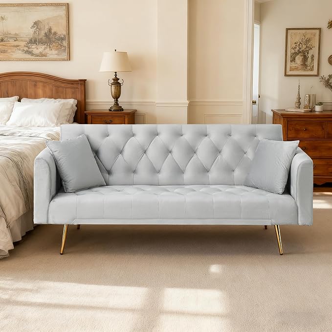 71 Velvet Futon Sofa Bed Convertible Sleeper Couch with 2 Pillows - Modern Loveseat Small Sofa 3-Angle Adjustable Backrest Golden Metal Legs for Living Room Bedroom Apartment Easy Assembly (Gray)
