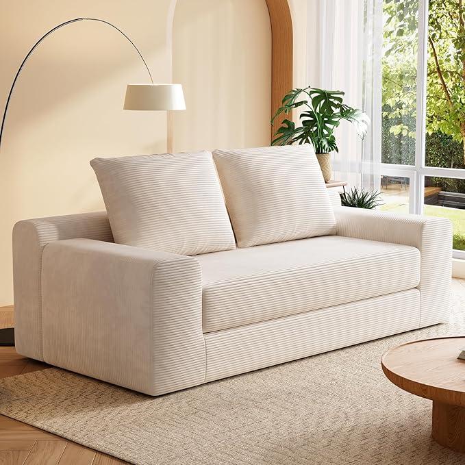 Chogori Loveseat Sleeper Sofa Bed Modern Corduroy Boneless Convertible Couch with Pull-Out Seat Cushion Two Seater Couch for Living Room Bedroom Apartment Home Office No Assembly (Beige)